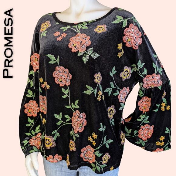 Promesa USA Boho Stretch Velvet Embroidered Floral Bell Sleeve Top Size Large - Picture 1 of 9